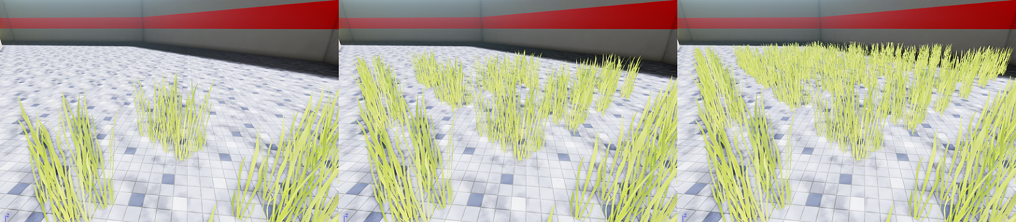 左： r.ViewDistanceScale 0.4，中间：r.ViewDistanceScale 0.7，右：r.ViewDistanceScale 1.0（默认值）
